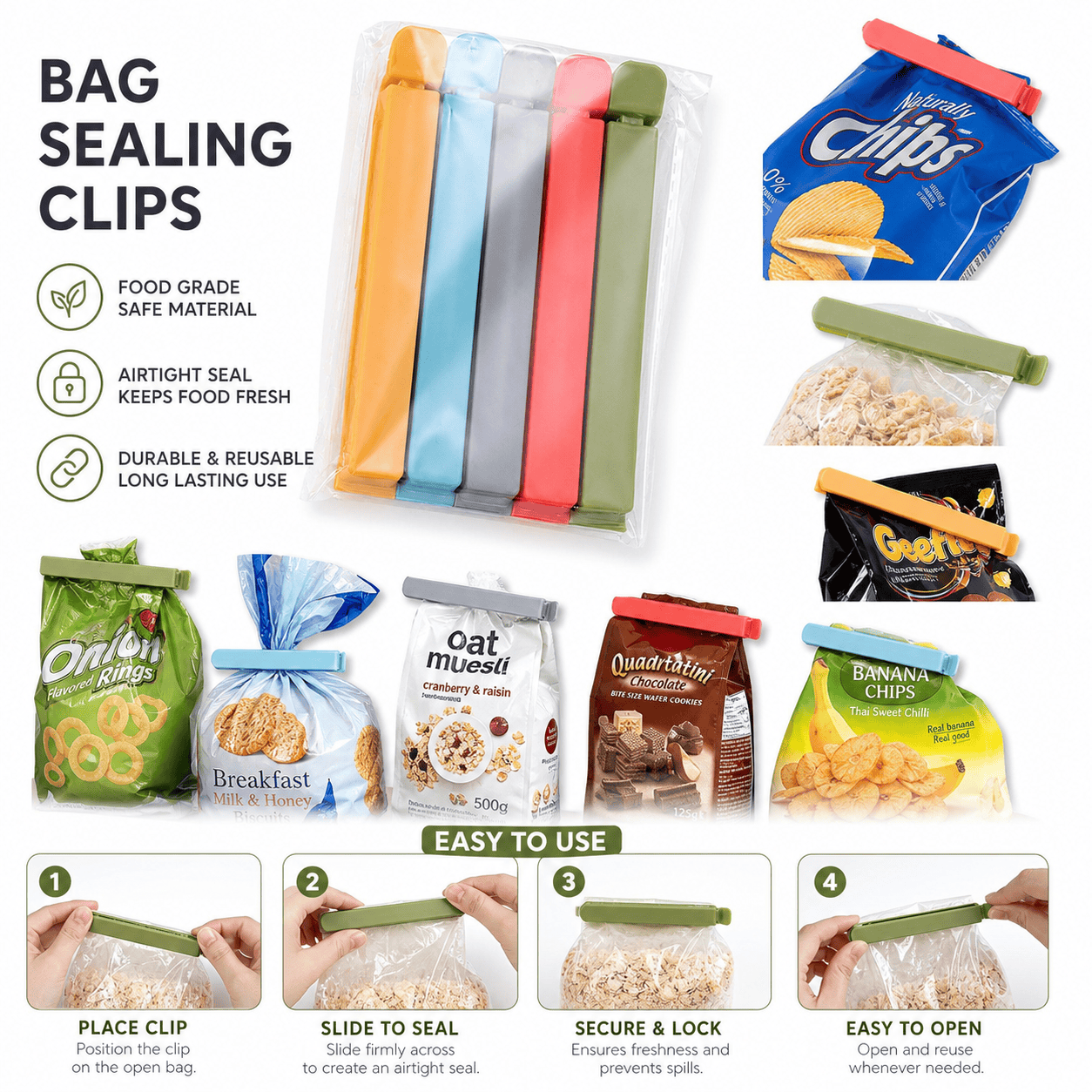 Food Storage Reusable Bags - 5 clips de plástico para sellar